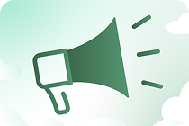 A mint-green megaphone projecting sound waves against a green background.